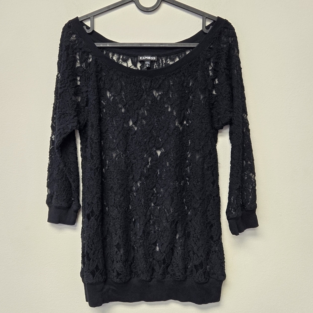 Express Lace Semi Sheer Top Black M
